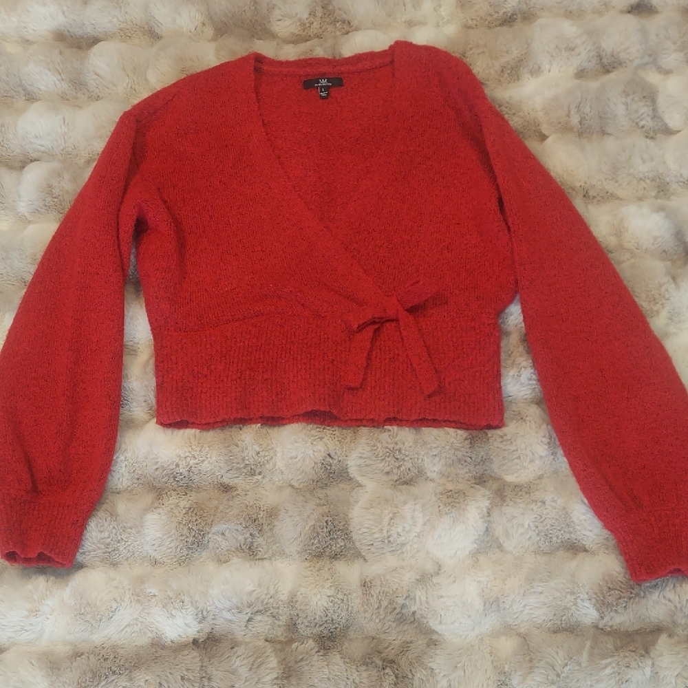 My Michelle Red Cropped Cardigan with V-Neck and Waist Tie
